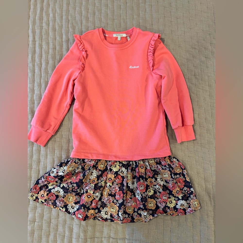 Barbour Girls Coral Ruffle Sweatshirt with Floral Skirt 6/7